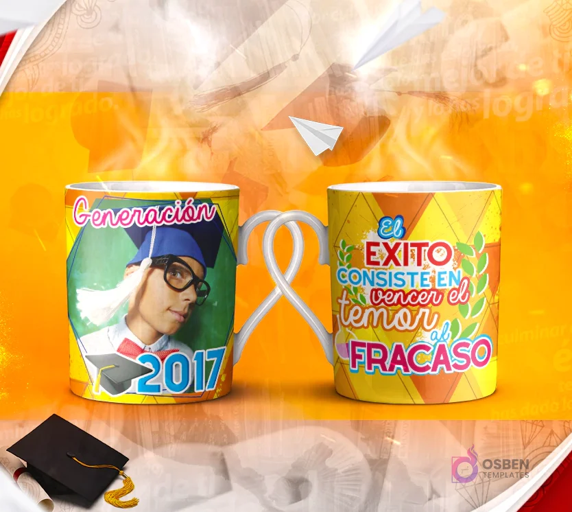 Dos tazas mockup de graduación, una con espacio para foto del graduado y otra con la frase 'Algún DÍA diré "No fue FÁCIL pero lo LOGRÉ"'.