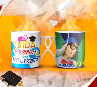 Dos tazas mockup de graduación, una con espacio para foto del graduado y otra con la frase 'UN GANADOR es un SOÑADOR que NUNCA se RINDE'.