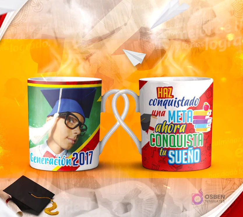 Dos tazas mockup de graduación, una con espacio para foto del graduado y otra con la frase 'SE ALCANZA EL ÉXITO Convirtiendo CADA PASO en una META'.