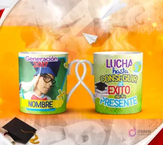 Dos tazas mockup de graduación, una con espacio para foto del graduado y otra con la frase 'NADIE deja de LLEGAR cuando de verdad se lo PROPONE!' con diseño moderno.