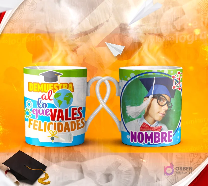 Dos tazas mockup de graduación, una con espacio para foto del graduado y otra con la frase 'LUCHA hasta CONSEGUIR EL ÉXITO de tu PRESENTE'.