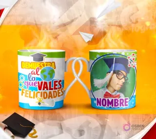 Dos tazas mockup de graduación, una con espacio para foto del graduado y otra con la frase 'ALCANZAR los OBJETIVOS ES UNA TAREA Heroica'.