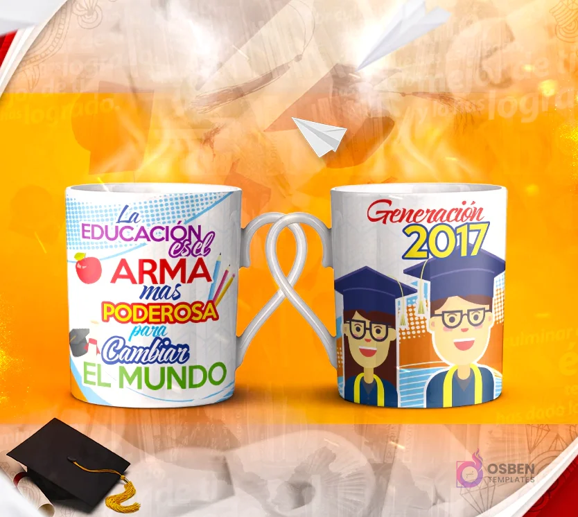 Dos tazas mockup de graduación, una con espacio para foto del graduado y otra con la frase 'DEMUESTRA a lo que VALES FELICIDADES' con fondo blanco y detalles geométricos.