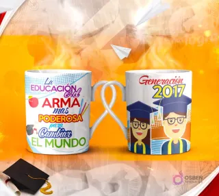 Dos tazas mockup de graduación, una con espacio para foto del graduado y otra con la frase 'DEMUESTRA a lo que VALES FELICIDADES' con fondo blanco y detalles geométricos.