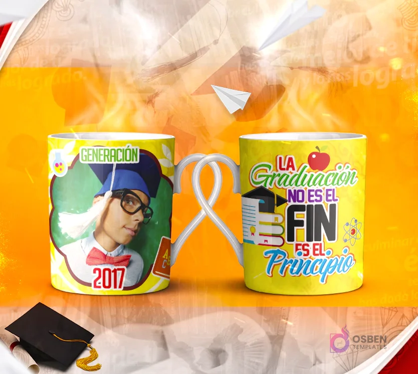 Dos tazas mockup de graduación, una con espacio para foto del graduado y otra con la frase 'La EDUCACIÓN es el ARMA mas PODEROSA para CAMBIAR EL MUNDO'.