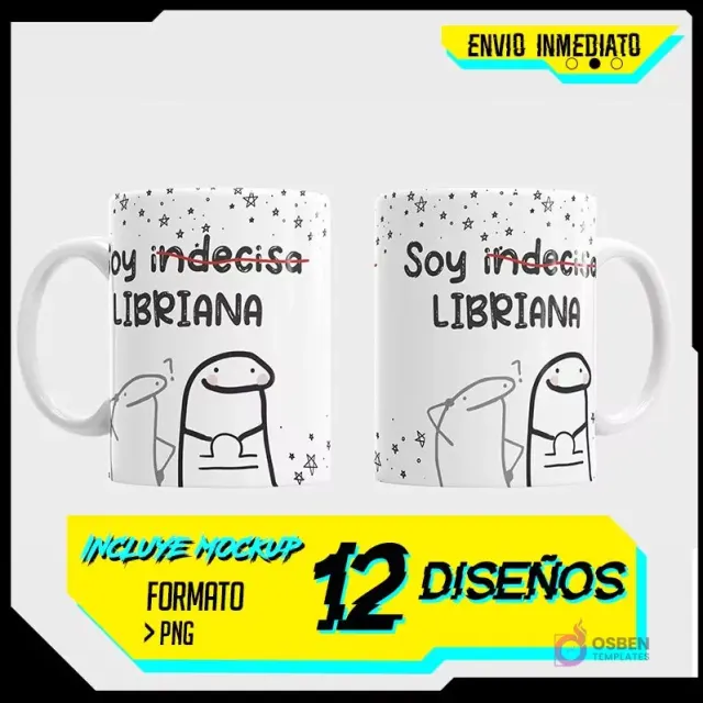 Pack de 12 diseños de Flork para tazas del zodíaco, mostrando dos tazas con el diseño de Flork indeciso de Libra y las leyendas 'INCLUYE MOCKUP', '12 DISEÑOS', 'FORMATO PNG' y 'ENVÍO INMEDIATO'.