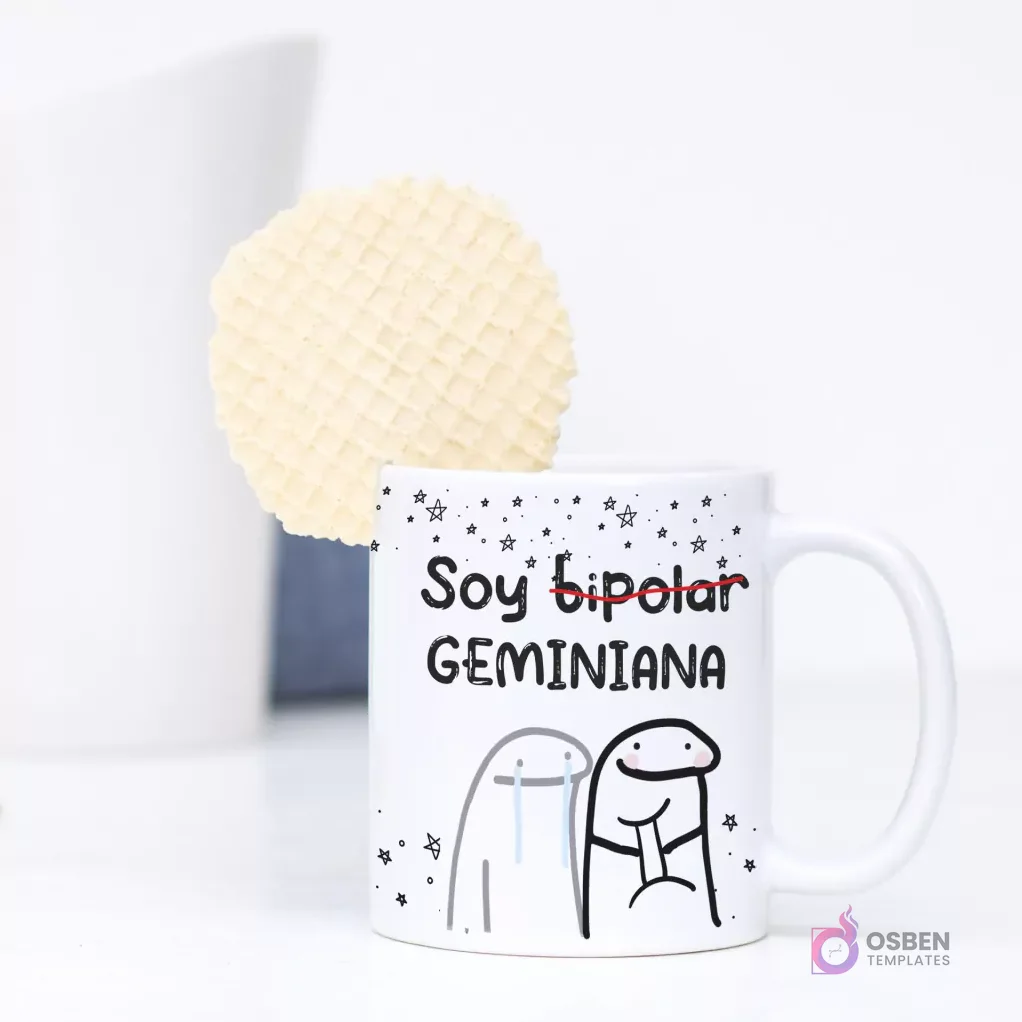 Taza de sublimación con diseño de Flork de Géminis y la frase 'Soy bipolar GEMINIANA', mostrando dos Florks, uno llorando y otro con expresión alegre, reflejando la dualidad. Una galleta waffle se asoma por detrás.
