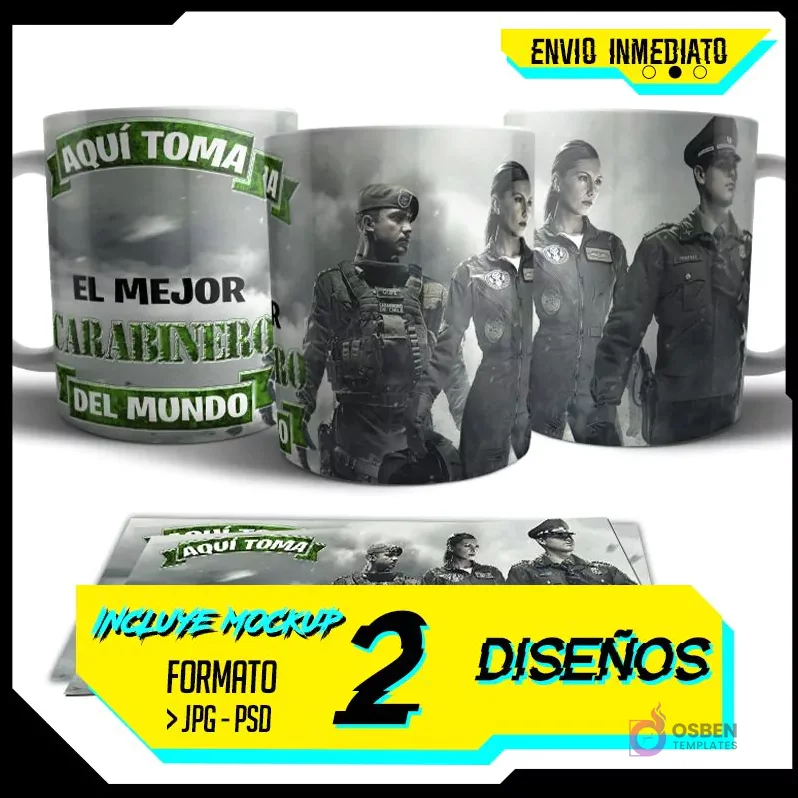 Plantillas de sublimación para tazas de Carabineros de Chile y Fuerzas Especiales, mostrando mockups con textos de envío inmediato y detalles de formato PNG PSD.