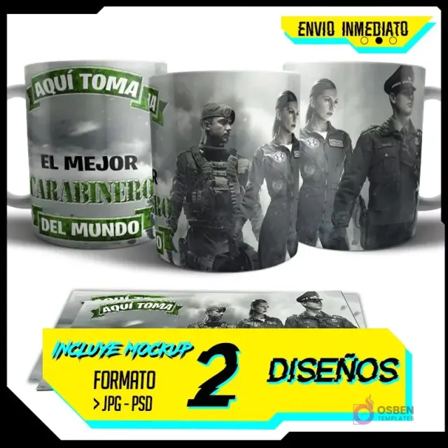 Plantillas de sublimación para tazas de Carabineros de Chile y Fuerzas Especiales, mostrando mockups con textos de envío inmediato y detalles de formato PNG PSD.