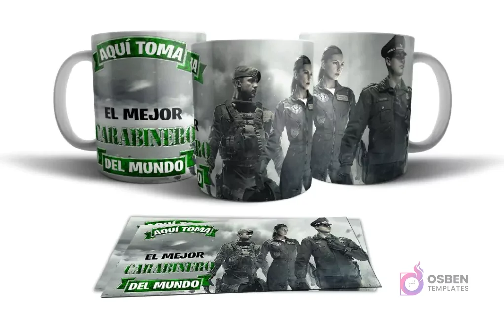 Mockup de tres tazas sublimadas: una con texto 'Aquí toma el mejor Carabinero del mundo', y dos con temática de Fuerzas Especiales, junto a las plantillas planas.