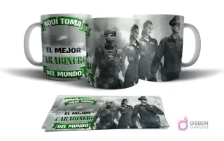 Mockup de tres tazas sublimadas: una con texto 'Aquí toma el mejor Carabinero del mundo', y dos con temática de Fuerzas Especiales, junto a las plantillas planas.