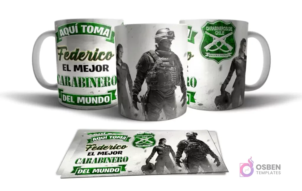 Tazas personalizadas con diseño para Carabineros de Chile, incluyendo una con nombre 'Federico' y otra con escudo institucional, junto a una de Fuerzas Especiales.
