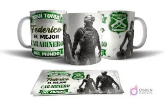 Tazas personalizadas con diseño para Carabineros de Chile, incluyendo una con nombre 'Federico' y otra con escudo institucional, junto a una de Fuerzas Especiales.