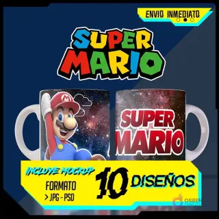 Mockup de dos tazas blancas con diseño de Super Mario en el espacio. Una muestra a Mario con traje de astronauta y fondo de nebulosa, la otra el logo de Super Mario. Fondo azul oscuro con bordes neón y texto 'ENVIO INMEDIATO', 'INCLUYE MOCKUP', '10 DISEÑOS', 'FORMATO JPG-PSD'.