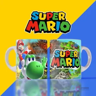 Mockup de dos tazas blancas con diseños de Super Mario. Una muestra a Mario y Yoshi sobre un fondo de aventura boscosa, la otra el logo de Super Mario sobre un paisaje verde. Fondo dividido amarillo y azul.