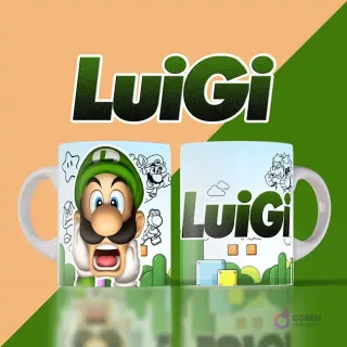 Mockup de dos tazas blancas con diseños de Luigi. Una muestra a Luigi sorprendido con burbujas de pensamiento y dibujos de fantasmas, la otra el logo de Luigi sobre un paisaje verde simple. Fondo dividido naranja y verde.