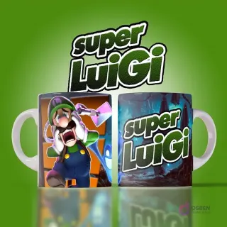Mockup de dos tazas blancas con diseños de Super Luigi. Una muestra a Luigi llorando asustado con fantasmas azules, la otra el logo de 'Super Luigi' en un fondo de bosque oscuro y misterioso. Fondo verde brillante degradado.