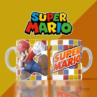 Mockup de dos tazas blancas con diseños de Super Mario. Una muestra a Mario dando un puñetazo con un fondo de cuadrados de colores, la otra el logo de Super Mario sobre el mismo patrón de cuadrados. Fondo dividido amarillo y rojo.