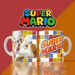 Mockup de dos tazas blancas con diseños de Super Mario. Una muestra a Mario con un traje de gala blanco y sombrero de copa, dando un puñetazo sobre un fondo de cuadrados de colores, la otra el logo de Super Mario. Fondo dividido amarillo y rojo.