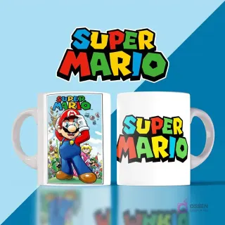 Mockup de dos tazas blancas con diseños de Super Mario. Una muestra a Mario en estilo cómic con Princess Peach y Toad al fondo, la otra el logo de Super Mario. Fondo dividido azul claro.