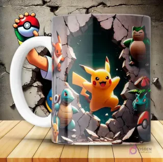 Diseño de taza Pokémon 3D con Pikachu, Snorlax, Eevee, Squirtle y Bulbasaur saliendo de un agujero oscuro en la pared. El mango de la taza es blanco y está sobre una superficie de madera.