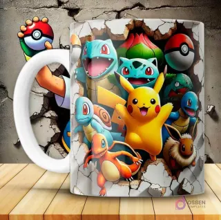 Diseño de taza Pokémon 3D con una composición de varios Pokémon principales como Pikachu, Squirtle, Charmander, Bulbasaur y Eevee saliendo de una pared rota blanca. El mango de la taza es blanco y está sobre una superficie de madera.