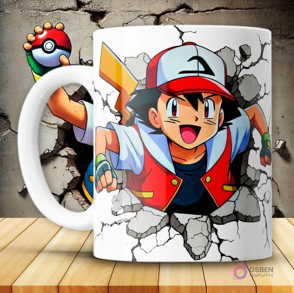 Diseño de taza Pokémon 3D con Ash Ketchum corriendo y saliendo de una pared rota blanca con energía. El mango de la taza es blanco y está sobre una superficie de madera.