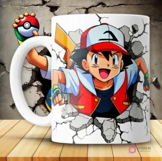 Diseño de taza Pokémon 3D con Ash Ketchum corriendo y saliendo de una pared rota blanca con energía. El mango de la taza es blanco y está sobre una superficie de madera.