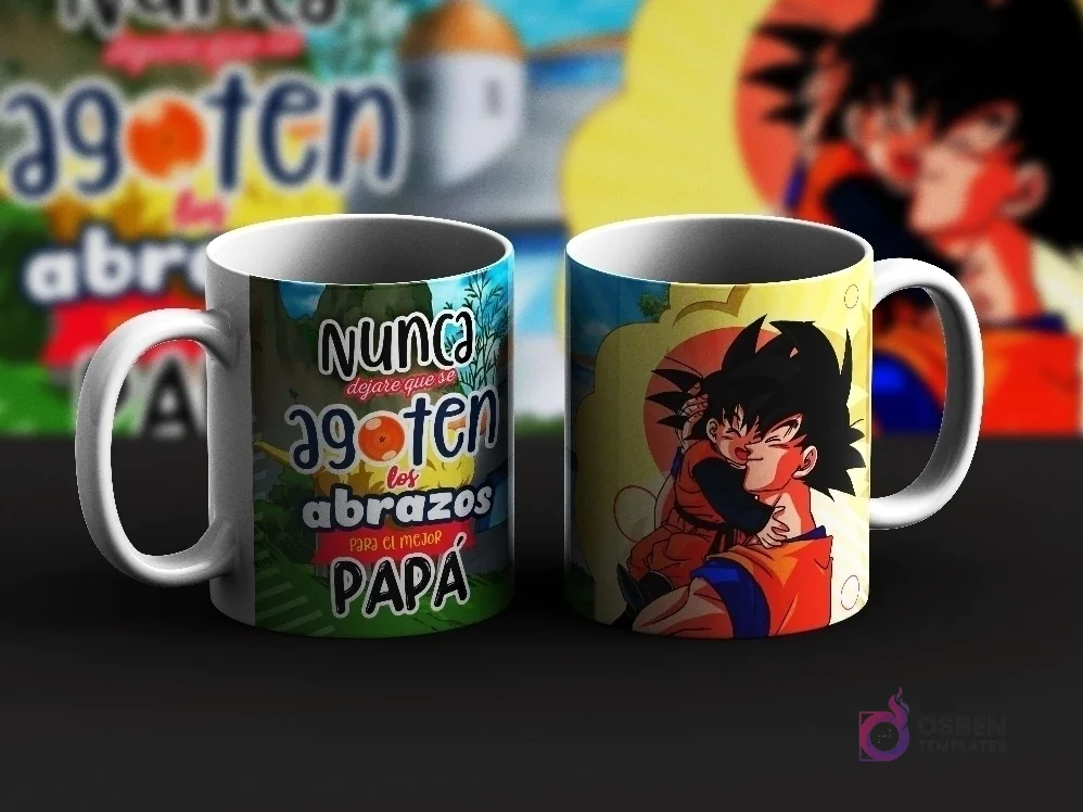 Dos tazas de sublimación con diseños del Día del Padre de Dragon Ball. Una taza con Goten y el mensaje 'Nunca dejare que se agoten los abrazos para el mejor papá' y otra con Goku abrazando a Goten.