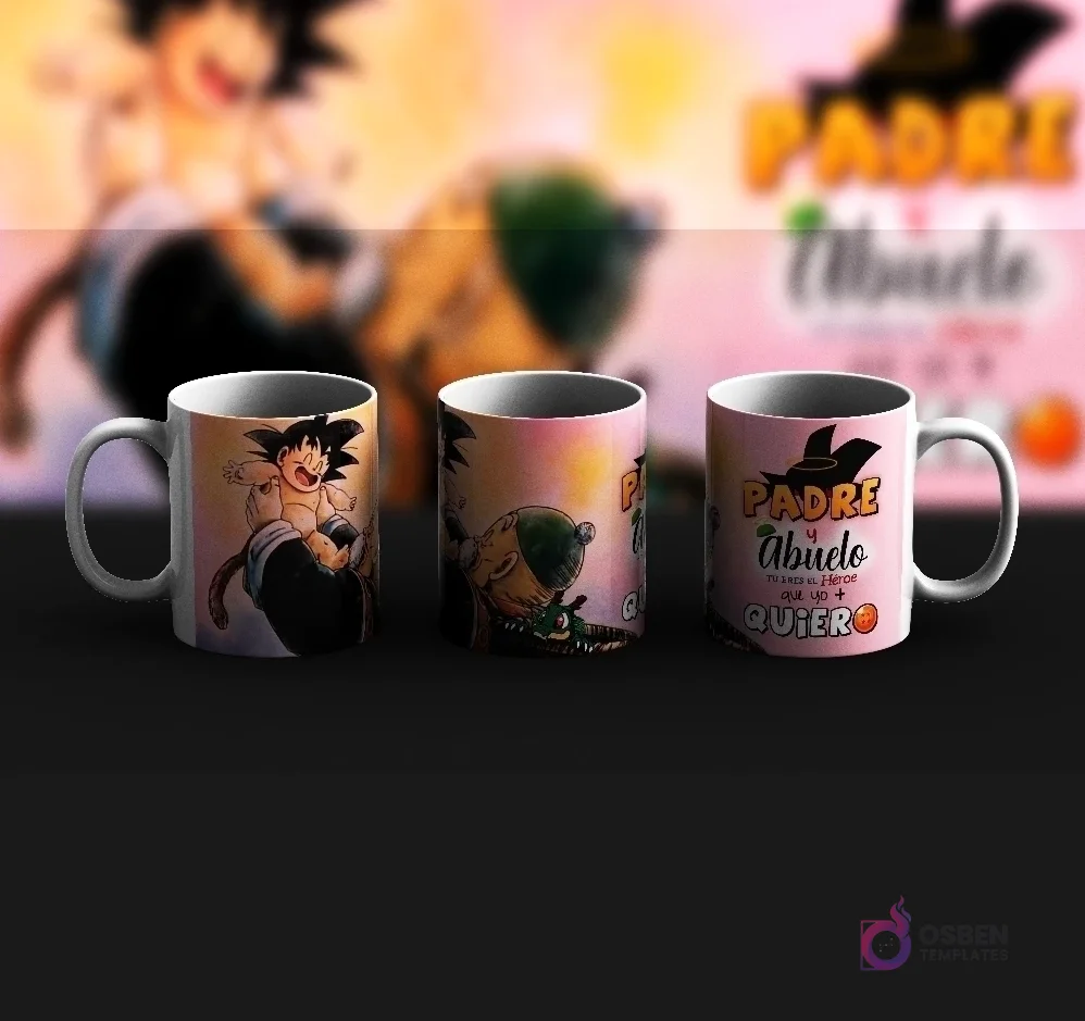Tres tazas de sublimación con diseños variados de Dragon Ball para el Día del Padre, incluyendo a Goku niño y un diseño especial para 'Padre y Abuelo'.