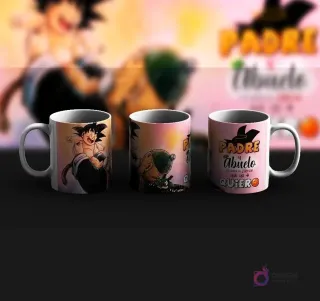 Tres tazas de sublimación con diseños variados de Dragon Ball para el Día del Padre, incluyendo a Goku niño y un diseño especial para 'Padre y Abuelo'.