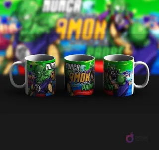 Tres tazas de sublimación con temática de Piccolo de Dragon Ball para el Día del Padre, incluyendo a Piccolo con Gohan y mensajes emotivos como 'Nunca conoces el amor hasta que eres papá'.