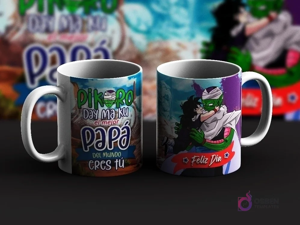 Dos tazas de sublimación con diseños de Piccolo y Gohan de Dragon Ball para el Día del Padre. Una taza con el mensaje 'Pikoro Day Ma Ku el mejor Papá del mundo eres tú' y otra con Piccolo abrazando a Gohan con 'Feliz Día'.