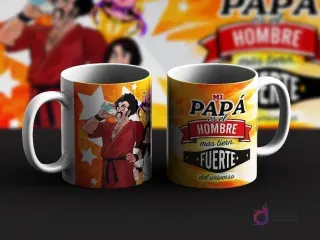 Dos tazas de sublimación con diseños de Mr. Satan de Dragon Ball para el Día del Padre. Una taza muestra a Mr. Satan bebiendo y la otra un mensaje 'Mi Papá es el hombre más tierno y fuerte del universo'.