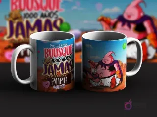 Dos tazas de sublimación con diseños de Majin Buu de Dragon Ball para el Día del Padre. Una taza con un mensaje 'Por más que busqué 1000 años, jamás encontraré un Papá como tú' y la otra con Majin Buu y Baby Buu.