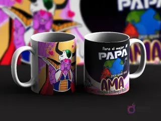 Dos tazas de sublimación con diseños de Frieza de Dragon Ball para el Día del Padre. Una taza muestra a Frieza de forma tierna con corazones y la otra con un mensaje 'Para el mejor Papá del mundo porque me ama aunque destruya todo'.