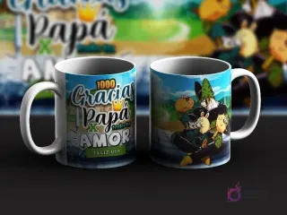 Dos tazas de sublimación con diseños de Cell de Dragon Ball para el Día del Padre. Una taza con mensaje '1000 Gracias Papá por todo tu amor. ¡Feliz Día!' y la otra con Cell y Cell Jr.