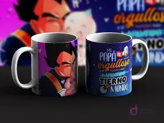 Dos tazas de sublimación con diseños de Vegeta de Dragon Ball para el Día del Padre. Una taza con Vegeta besando a Trunks bebé y la otra con un mensaje 'Mi Papá es super orgulloso y el hombre más tierno del mundo'.