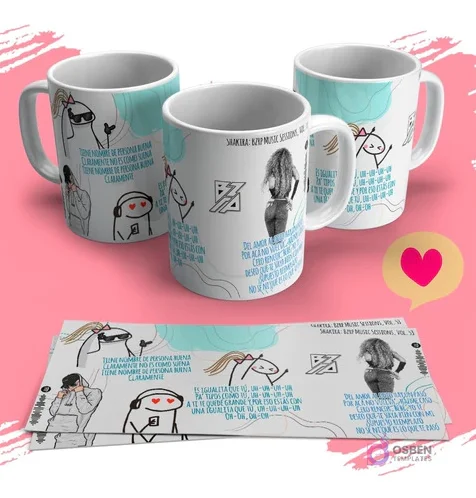 Tazas sublimadas con diseños de Flork Shakira Bizarrap y letras de canciones virales, más plantillas impresas.