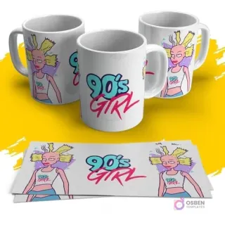 Tres tazas blancas con diseño de Angelica Pickles de Rugrats y la frase '90's GIRL' en colores vibrantes, sobre una superficie amarilla. Incluye tiras del diseño para sublimar.