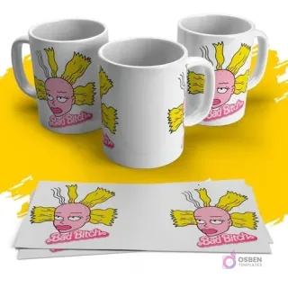 Tres tazas blancas con diseño de Angelica Pickles con expresión desafiante y la frase 'Bad Bitch' en rosa, sobre una superficie amarilla. Incluye tiras del diseño para sublimar.