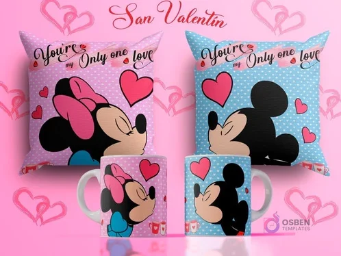 Plantillas de sublimación para tazas y cojines del Día del Amor con Mickey y Minnie besándose, fondo rosa y azul con corazones y el texto 'You're my Only one love'.