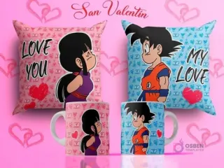 Diseños de sublimación para tazas y cojines del Día del Amor con Goku niño y Chi-Chi de Dragon Ball mirándose, fondos rosa y azul con textos 'Love You' y 'My Love'.