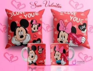 Plantillas de sublimación para tazas y cojines del Día del Amor con Mickey y Minnie en poses clásicas de amor, Minnie sosteniendo un corazón, fondos rojos con pequeños corazones.