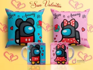 Diseños de sublimación para tazas y cojines del Día del Amor con personajes de Among Us disfrazados de Mickey y Minnie, fondos azules y rosas con corazones y textos 'Love is Among Us' y 'Te Amo'.