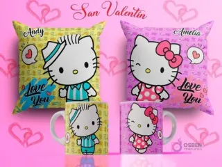 Plantillas de sublimación para tazas y cojines del Día del Amor con Hello Kitty y un personaje masculino, fondos amarillo y rosa con el texto 'Love You' y nombres 'Andy' y 'Amelia'.