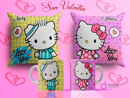 Plantillas de sublimación para tazas y cojines del Día del Amor con Hello Kitty y un personaje masculino, fondos amarillo y rosa con el texto 'Love You' y nombres 'Andy' y 'Amelia'.