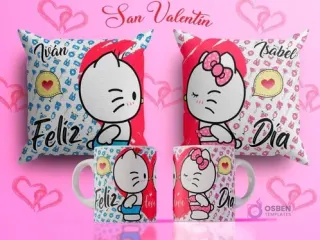 Diseños de sublimación para tazas y cojines del Día del Amor con Hello Kitty y un personaje masculino de frente, fondos azul y rosa con el texto 'Feliz Día' y nombres 'Iván' e 'Isabel'.