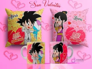 Plantillas de sublimación para tazas y cojines del Día del Amor con Goku en traje y Chi-Chi de Dragon Ball, Goku ofreciendo flores, fondos amarillo y rosa con el texto 'Love You Forever'.