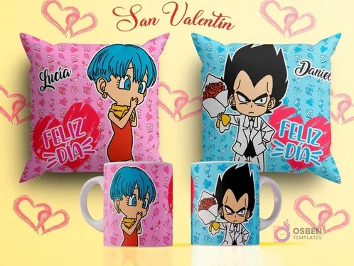 Diseños de sublimación para tazas y cojines del Día del Amor con Vegeta en traje y Bulma de Dragon Ball, Vegeta ofreciendo flores, fondos azul y rosa con el texto 'Feliz Día'.
